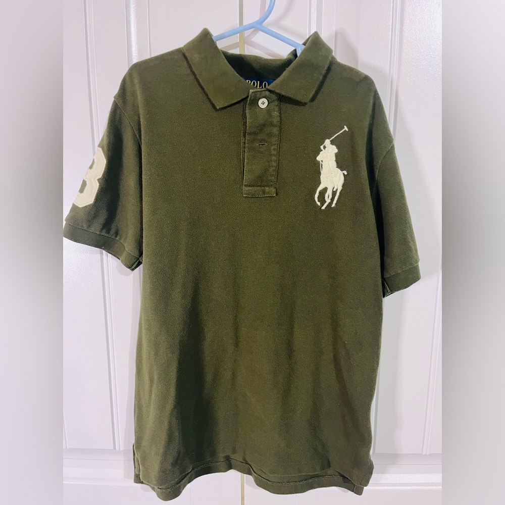 POLO RALPH LAUREN boys short sleeve olive green shirt Size 8 in good condition